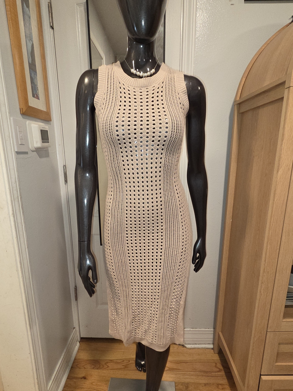Tahari Sexy Beige Open-Knit Sleeveless Midi Dress Sz XS
